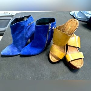 Aldo pointy blue velvet ankle boots///brown sandal heels